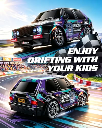 RC Drift Car, 1/24 Remote Control Drift Car for Adults Kids, 4WD 20KM/H High Speed Classic 80s-Style Sports Hatchback Toy Vehicle with LED Lights, Extra Racing Tires, for Boys Beginners