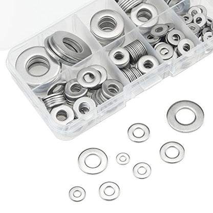 260 Pieces 8 Sizes Stainless Steel Flat Washers, 1/2 3/8 5/16 1/4 12# 10# 8# 6# Hardware Gasket Assortment Kit - size: Stainless Washers Kit (260 Pieces)