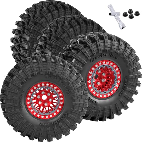 RC 1.9 Wheel Tires for 1/10 TRX4 TRX6 SCX10 SCX10 II 90046 SCX10 III AXI03007 SCX10 Pro Gen7/8 D90 VS4-10 MST CFX RC Crawler Car,12mm Hex Wheels Rims and Rubber Tires w/Sponge,Red - color: Red - (1.9 Beadlock Wheel)