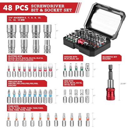 ARROW 48-Piece 1/4" Screwdriver Bit & Socket Set, Color-Coded S2 Steel Drill Bits with Magnetic Bit Holder, 6–13mm CR-V Sockets, Compatible with Power Drill, Screwdriver & Mini Ratchet Wrench - style: 48 PCS Screwdriver Bit & Socket Set