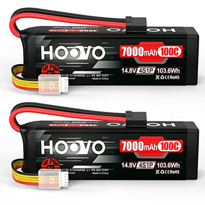 HOOVO 4S 14.8V LiPo Battery 7000mAh 100C RC Battery Metal Plates Compatible for X-Maxx RC Truck Tank RC Car Racing Hobby (2 Pack)