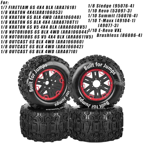 RC Truck Tires 1/8 1/7 1/10 17mm Hex RC Wheel Tires for1/7 FIRETEAM 6S,1/8 KRATON/NOTORIOUS/OUTCAST 6S BLX,1/8Sledge1/10 Revo/Summit/T-Maxx/E-Revo,Hard Plastic Rubber Tyres,Red&Black - color: Red With Black(4PCS）