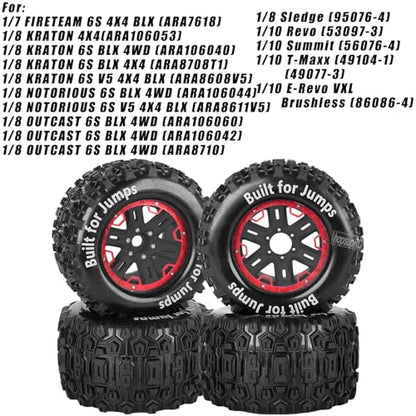 RC Truck Tires 1/8 1/7 1/10 17mm Hex RC Wheel Tires for1/7 FIRETEAM 6S,1/8 KRATON/NOTORIOUS/OUTCAST 6S BLX,1/8Sledge1/10 Revo/Summit/T-Maxx/E-Revo,Hard Plastic Rubber Tyres,Red&Black - color: Red With Black(4PCS）