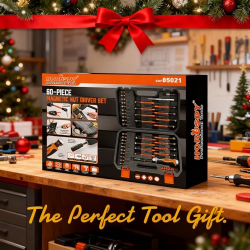 HORUSDY 59pcs Magnetic Nut Driver Set with 6-in-1 Ratcheting Screwdriver Handle, SAE & Metric 1/4 Inch Hex Shank Socket Set for Impact Drill with Quick-release Bit Holder and Extension Bar - style: New-Version