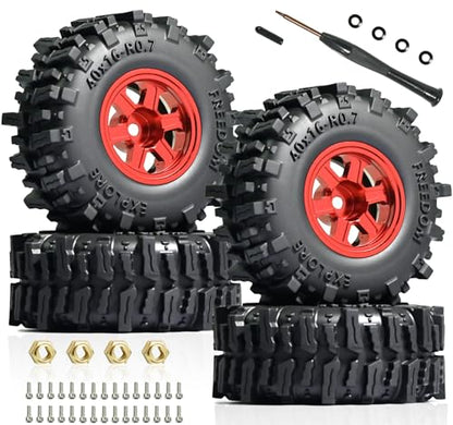 0.7” FS6 Super Soft Rubber Tires & CNC -1mm Offset Aluminum Beadlock Rims, 40×16mm Micro Crawler Wheels Tires Set for Axial SCX30 Redcat Ascent-32 1/30–1/32 RC Crawler, 4PCS Red - color: Red