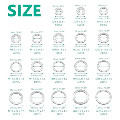 540pcs Oil Drain Plug Gaskets Oil Crush Washers Aluminum Flat Washers Automotive Engine Washers Assortment Kit (M6 M8 M10 M12 M14 M16 M18 M20 M22 M24)