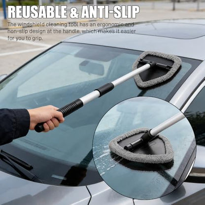 Windshield Cleaner Tool, Windshield Cleaning Tool, Car Window Detailing Cleaning Kit with Extendable Handle and Reusable Microfiber Pads, Auto Glass Wiper Brush for Car Office Home (Grey) - color: Grey