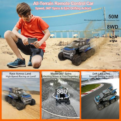 Amphibious Remote Control Car 8WD RC Monster Truck for Boys Age 8-12 Offroad Waterproof RC Pickup All Terrain RC Drift Cars Beach Pool Toys Gifts for Kids Blue - color: Blue
