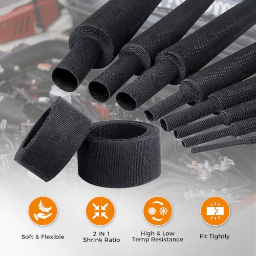2:1 Ratio Automotive Heat Shrink Braided Sleeving 1''-19ft | Black 2 in 1 Ratio Wear-Resistant Fabric Heat Shrink Flat Woven Shrinkable Tube for Car Cable Wires Hoses Protection - size: 1"-19ft