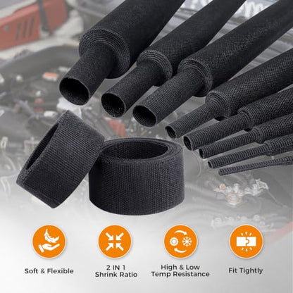2 in 1 Ratio Automotive Heat Shrink Braided Sleeving 1/4''-66ft | Black 2:1 Ratio Wear-Resistant Fabric Heat Shrink Flat Woven Shrinkable Tube for Car Cable Wires Hoses Protection - size: 1/4''-66ft
