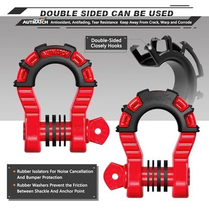 AUTMATCH D Ring Shackles 3/4" Mega Shackle (2 Pack) 68,000Ibs Break Strength - Heavy Duty Clevis Shackles with 7/8" Screw Pin and Isolator Washer for Tow Strap Winch Off Road Vehicle Recovery, Red - color: Red