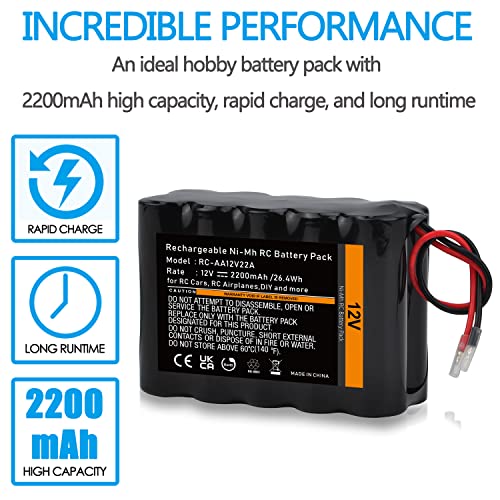 Tectra 12V RC Battery with Bare Leads, 2200mAh High Capacity Ni-MH Rechargeable Battery Pack for RC Models, DIY, Medical Equipments, LED Light Kit, Portable 12V DC Devices and More