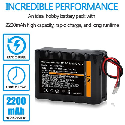 Tectra 12V RC Battery with Bare Leads, 2200mAh High Capacity Ni-MH Rechargeable Battery Pack for RC Models, DIY, Medical Equipments, LED Light Kit, Portable 12V DC Devices and More