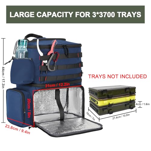 MATEIN Fishing Backpack, Tackle Storage Bag with Rod Holders & Cooler | Water Resistant Fishing Bag Fits 4 3600 Trays, Large Wide Open Tackle Box Backpack, Gifts for Fishermen - color: Blue - Large
