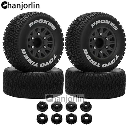 1/10 1/8 RC Short Course Truck Tires OD 112mm and Wheels 12mm 14mm 17mm Hex for 1:8 1:10 Scale Off Road Truck Car Traxxas Slash 2WD 4×4 Axial Losi Redcat Rc4wd Arrma Senton 4PCS (Black) - color: Black