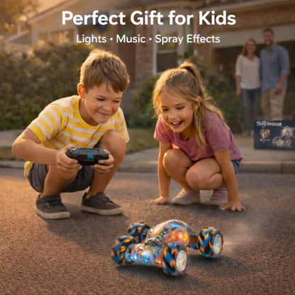 Gesture Control RC Car for Kids – Transparent Colorful Twist Drift Stunt Car, Hand Gesture Sensor, 4WD Double-Sided Car, 360° Spins & Flips, LED Lights, Spray Exhaust, All-Terrain Toy Boys 6-12