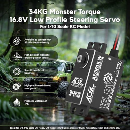AGFRC A53BULW 34KG 16.8V Waterproof Low-Profile RC Servo | 0.08Sec Speed, 16.8V Direct Power, Brushless Motor, Programmable, Full Metal Gears, Fits 1/10 1/8 RC Cars