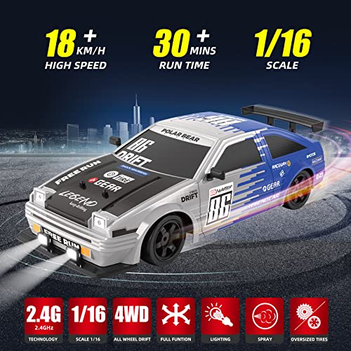 RC Drift Car 2.4GHz 1:16 Scale 4WD High Speed Remote Control Cars Vehicle with LED Lights Two Batteries and Drifting Tires Racing Sport Toy Cars for Adults Boys Girls Kids - color: Blue+wh86