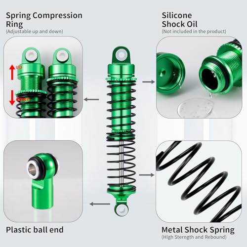 RC Shocks Absorber Assembled for 1/18 LaTrax Teton Desert Prerunner | Aluminum Long Threaded Shock Absorber Front & Rear Full Metal Oil Damper Set, Replace Parts 7660 7665(4-Pack) (Green) - color: Green