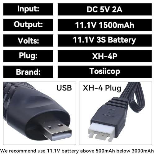 11.1V Battery Charger Airsoft - 2A 1500mAh USB Chargers with XH-4P Plug Gel Blaster 3S Lipo Battery 11.1 Volt Li-ion Batteries Chargers Cable for RC Car Boat Toy 2 Pack
