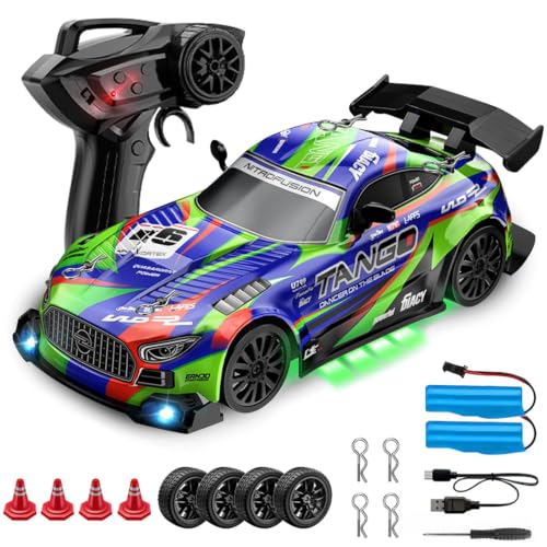 RC Car for Kids, 1:24 4WD High Speed Remote Control Drift Car | 2.4GHz RC drift car with LED lights, 2 Batteries & Drift Tires, dual-mode tires, Birthday gift for boys aged 4-12, Green - color: 1-green