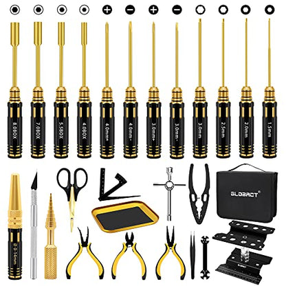 GLOBACT RC Repair Tool RC Screwdriver Kit for 1/8 1/10 RC Car, 26Pcs | Including RC Car Stand, RC Hex Driver Set, RC Plier, Screws Tray, Wrench, Body Reamer