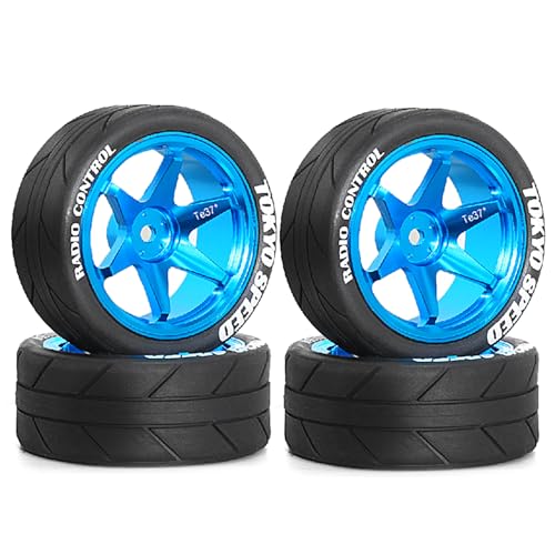 REDSPIDER 12mm Hex RC Wheels and Tires Metal Wheel Rims OD2.56'' RC Rally Racing Tyres for Tamiya TT01 TT02 XV01 TA06 A959 PTG2 HPI KYOSHO PTG2 Traxxas 1:10 Street Touring Drift Car (Blue) - color: Blue