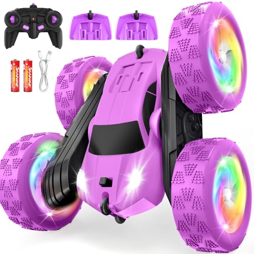 Remote Control Car, Outdoor Toys RC Cars for Kids Ages 6-12, 4WD Double Sided Stunt Vehicle with Upgraded USB-C Modular Batteries, 5 6 7 8 9 10+ Year Old Boy Birthday Purple - color: Purple