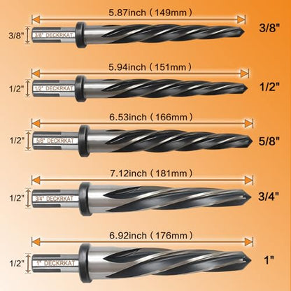 5-Piece 3/8", 1/2", 5/8", 3/4", 1" Reamer Drill Bit for Metal, M2 HSS Taper Reamer for Steel, Alloy, Wood, Plastic to Align, Enlarge Holes – 5-Spiral Flutes, 1/2" Non-Slip Shank, Construction Reamer. - size: 5 Piece Reamer Kit