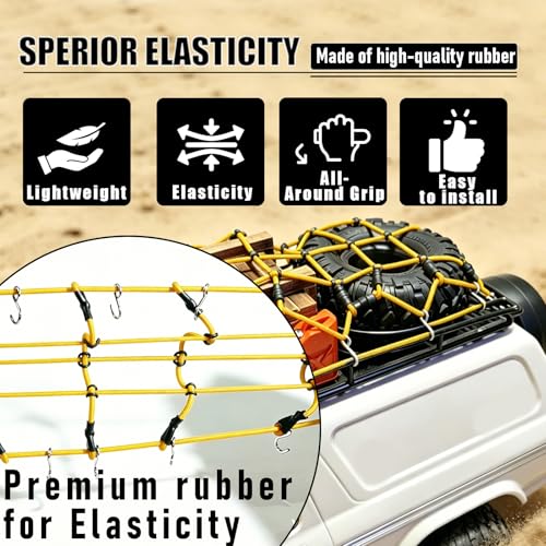 1/10 RC Elastic Cargo Net 19×12cm with Hooks, Scale Luggage Net for TRX4 | Compatible with TRX4 SCX10 D90 Axial 90046 1/10 RC Crawler Truck Accessories (Yellow) - color: Yellow
