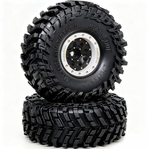 HOBBYSOUL 70mm Tall 1.0 Beadlock Wheels and Tires Set, Adjustable Offset Brass 1.0'' Wheels Rims White Black and Soft Sticky 1'' Tires for RC Crawler TRX4M SCX24 Upgrades - color: White & Black