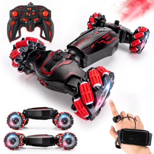 TADOZIC 4WD Remote Control Gesture Sensor Car,Hand Controlled RC Stunt Car,Double-Sided Vehicle 360° Rotation with Light and Music Spray, Watch Toy Cars for Boys & Girls Birthday - color: Red