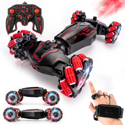 TADOZIC 4WD Remote Control Gesture Sensor Car,Hand Controlled RC Stunt Car,Double-Sided Vehicle 360° Rotation with Light and Music Spray, Watch Toy Cars for Boys & Girls Birthday - color: Red