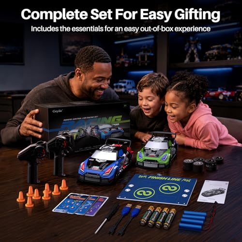 Geyiie 2 Pack RC Drift Cars, 1:24 Remote Control Car Set, Up to 70 Mins Per Car, LED Lights, Mini Track Barriers & Challenge Cards, 2 Player Indoor Gift for Boys & Girls