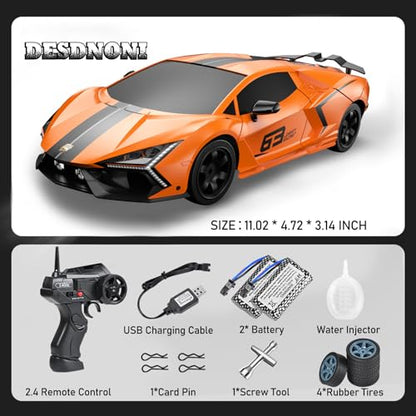 Remote Control Car RC Drift Car 1:16 Scale 4WD 18KM/H High Speed Model Vehicle 2.4GHz with LED Lights Spray Rubber Tire Racing Sport Toy for Adults Boys Girls Kids Gift 2Pcs Rechargeable Batteries - color: Orange