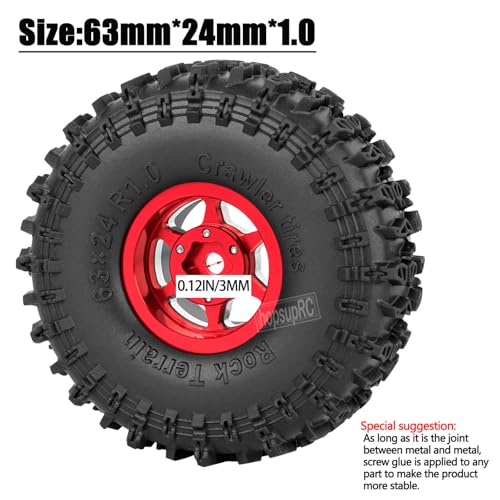 RC 1.0in Beadlock RC Truck Tires Wheels Tires for 1/18 1/24 Trx4m SCX24 RC Crawler.Aluminum 1.0in Beadlock Wheel Rim&1.0in Tires Tyres.Red(4PCS) - color: Red(4pcs）