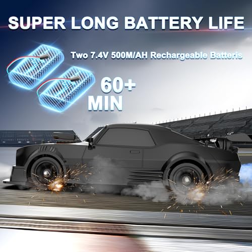 Remote Control Car RC Drift Car 1:16 Scale 4WD 18KM/H High Speed Model Vehicle 2.4GHz with LED Lights Spray Rubber Tire Racing Sport Toy for Adults Boys Girls Kids Gift 2Pcs Rechargeable Batteries - color: B-black