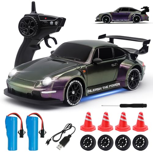 RC Drift Car,1:24 Scale Remote Control Car, 2.4GHz 20KM/H 4WD High Speed RC Cars for Kids with LED Light, Two Batteries,Drifting Tires,Racing Vehicle Toy for Adults Boys Girls Purple - color: Purple