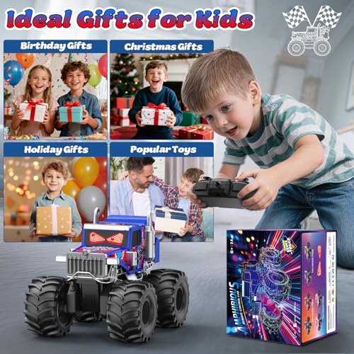 Amphibious Remote Control Car, 1:18 Boys Monster Truck Toys with LED Eyes | 4WD All Terrain Waterproof RC Cars, 2 x 1500mAh Batteries, 2.4 GHz RC Toys for Kids, 6+ Year Old Boys Christmas Birthday Gift - color: Blue/Red