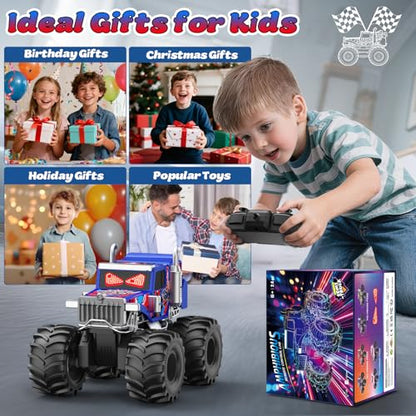 Amphibious Remote Control Car, 1:18 Boys Monster Truck Toys with LED Eyes | 4WD All Terrain Waterproof RC Cars, 2 x 1500mAh Batteries, 2.4 GHz RC Toys for Kids, 6+ Year Old Boys Christmas Birthday Gift - color: Blue/Red