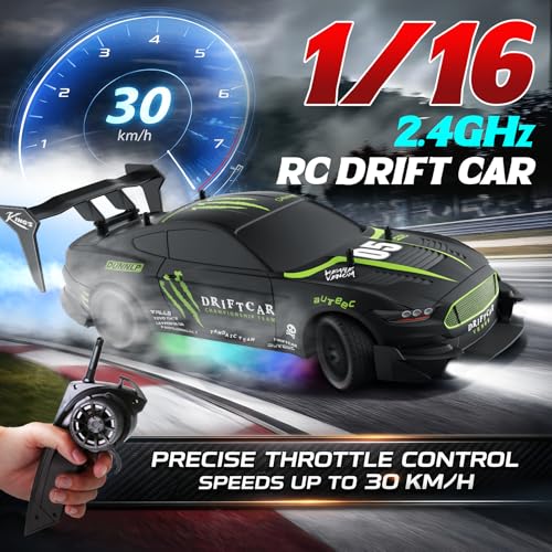 Remote Control RC Drift Car 1:16 Scale 4WD RC Car with LED Lights 2.4GHz 30km/h RTR High Speed Racing Sport Toy for Adults Boys Girls Kids Gift 2Pcs Rechargeable Battery - color: A-black