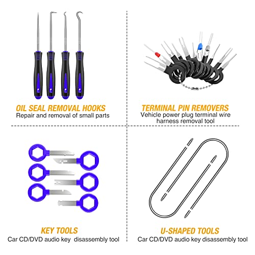 GOOACC 102Pcs Auto Trim Removal Tool and Push Pin Retainer Clip Set Blue | Fastener Terminal Remover Tool Adhesive Cable Clips Panel Remover Kit Car Panel Radio Removal Auto Clip Pliers - color: 60Pcs Clips + 42 Remover, size: Clips+Remover