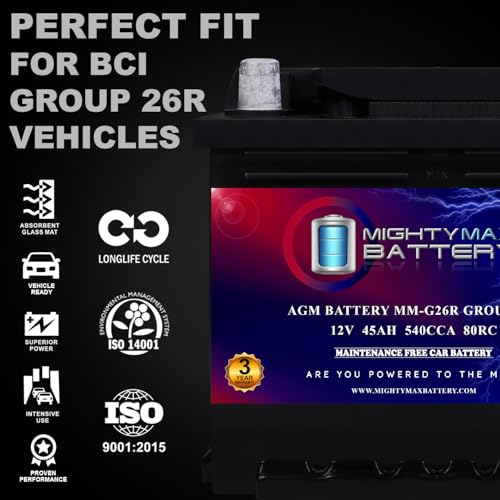 Mighty Max Battery MM-G26R BCI Group 26R 12V 45AH, 80RC, 540 CCA, Rechargeable SLA AGM Battery - style: Group 26R
