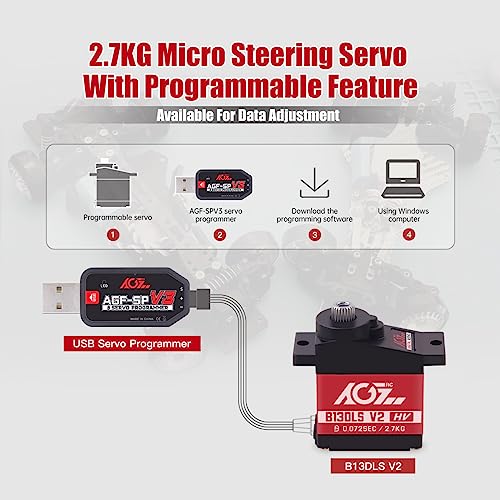 AGFRC B13DLS V2 0.072s Titanium Gear Sub-Micro RC Servo | 8.4V HV, 2.7kg Torque, Dual Ball Bearings, Programmable, 180° Angle, for 1/14-1/24 RC Cars, Crawlers & Planes