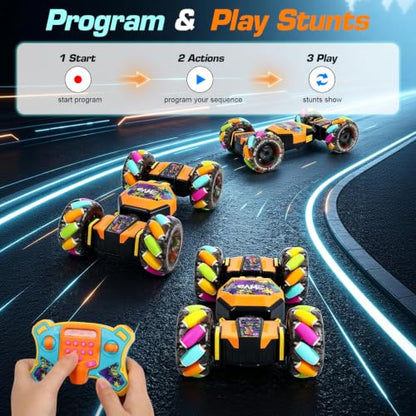 Gesture Sensing RC Stunt Car for Kids 6-12, 4WD Hand Controlled with Rainbow Wheels, Light & Music, Program & Play