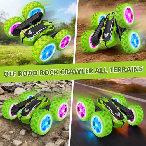 KKONES Remote Control Car, 2.4GHz Electric Race 4WD Flips Stunt Car, Green | Double Sided 360° Rolling Rotation, LED Headlights, High Speed Off Road Gift for 3 4 5 6 7 8-12 Year Old Boy Toys - color: Green