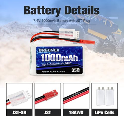 2S Lipo Battery 7.4V 1000mAh 35C(Burst 70C) Rechargeable RC Battery with JST Plug Compatible with WLtoys RC Cars A949 A959 A969 A979 K929 and Most 1/14 1/16 1/18 1/24 Scale RC Car Truck - style: 2PACK