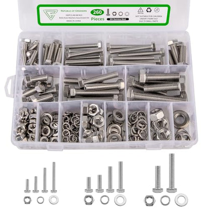 260Pcs M6 M8 M10 Hex Bolts and Nuts Assortment Kit,304 Stainless Steel Machine Screw Sets with Case,Metric Fastener Set Machine Screw Nuts Washers