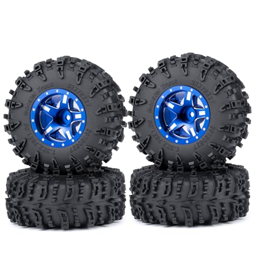 4PCS 1.3" Beadlock Wheel Tires Set Aluminum 1.3inch 5-Spoke Beadlock Wheel Hub Wheel Rim 7mm Hex ＆ 70mm/2.76inch Rubber Crawler Tires for 1/18 1/24 RC Crawler Car SCX24 TRX4M (Blue) - color: Blue