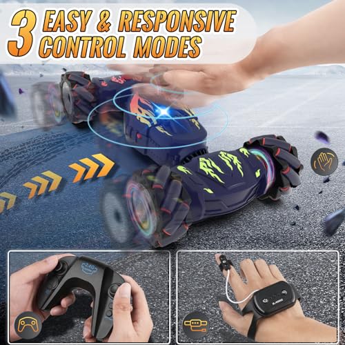 Pristar RC Cars, Gesture Sensing RC Stunt Car Toys for Boys Girls 6-12 | 2.4Ghz 4WD Remote Stunt Car with Spray Lights Music 360°Fast Off-Road Transform, Birthday Xmas Gifts for Kids Age 6-12 - color: Blue-flame